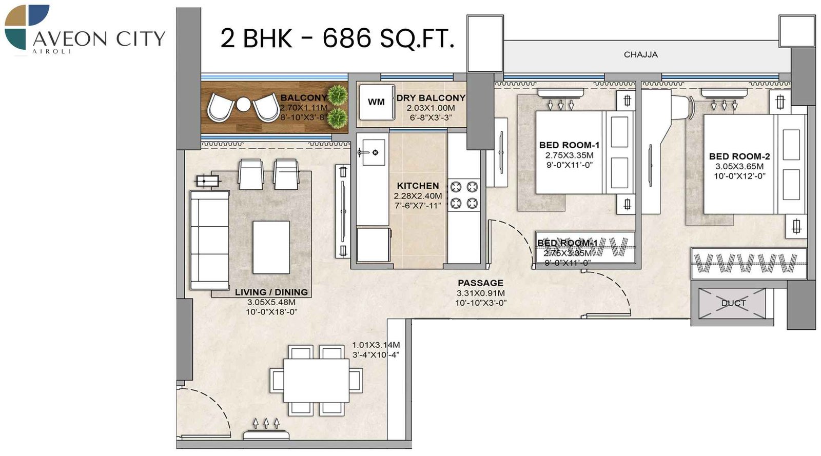 Balaji-Tricity-Delta-Aveon-City-Floor-Plan-2-BHK-686-Sqft