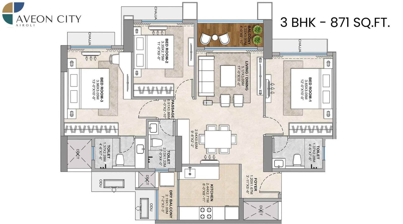 Balaji-Tricity-Delta-Aveon-City-Floor-Plan-3-BHK-871-Sqft